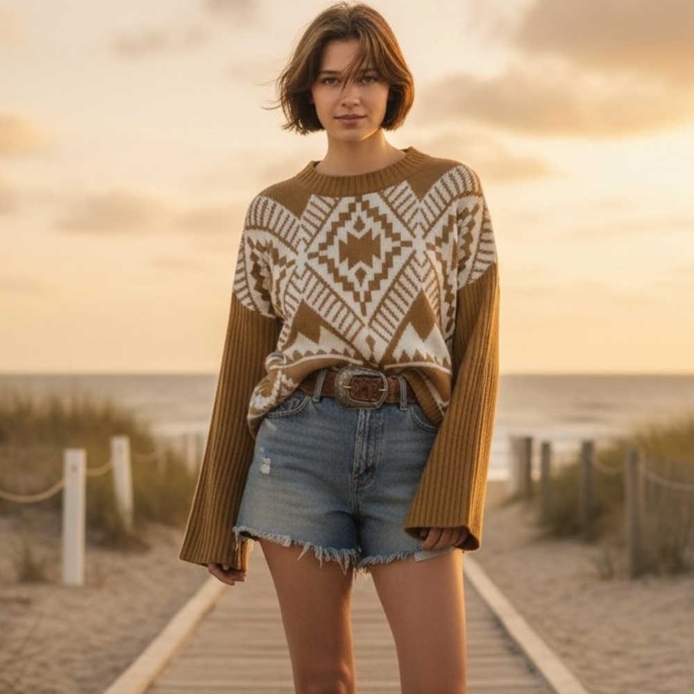 Wrangler‎ Retro Southwestern Geometric Sweater Mustard Yellow Boho Cowgirl M